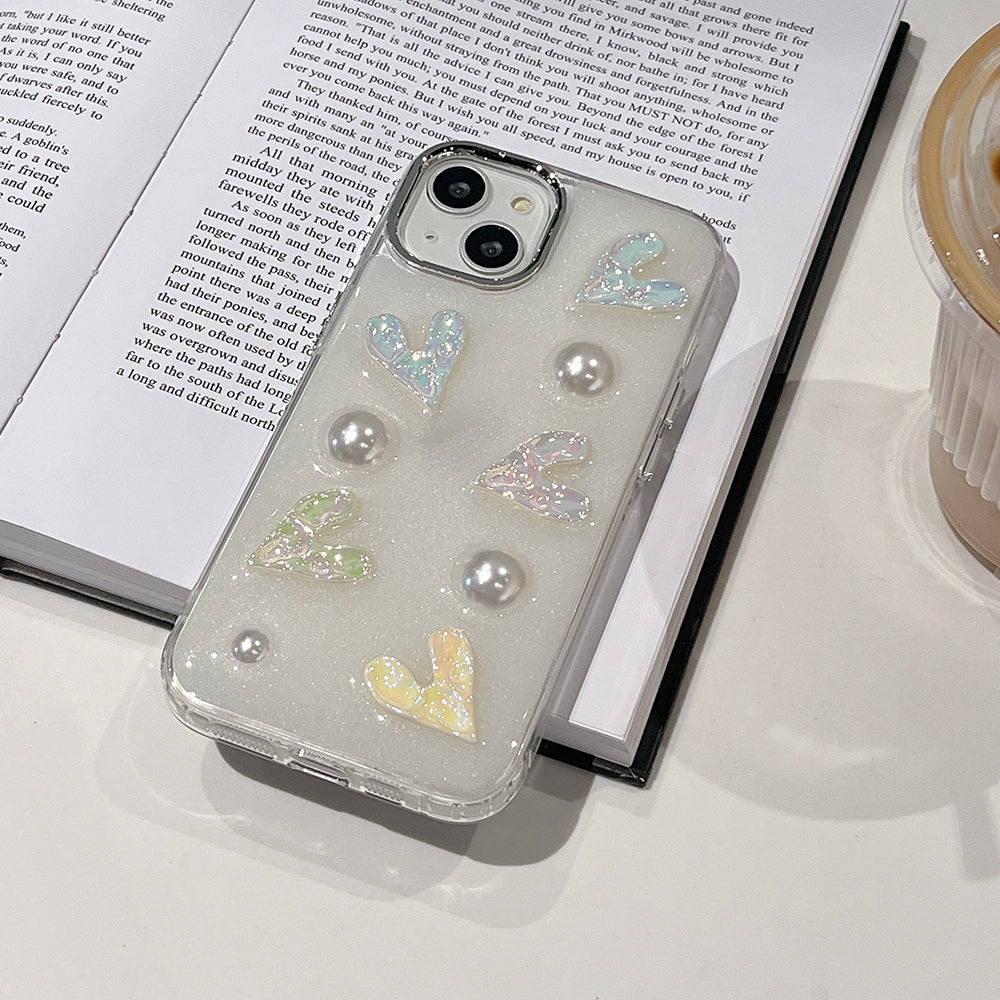 For iPhone 14 Laser Hearts Cell Phone Case Electroplating Hard Acrylic TPU Phone Cover with Pearl Decor For iPhone 14 Laser Hearts Cell Phone Case Electroplating Hard Acrylic TPU Phone Cover with Pearl Decor
